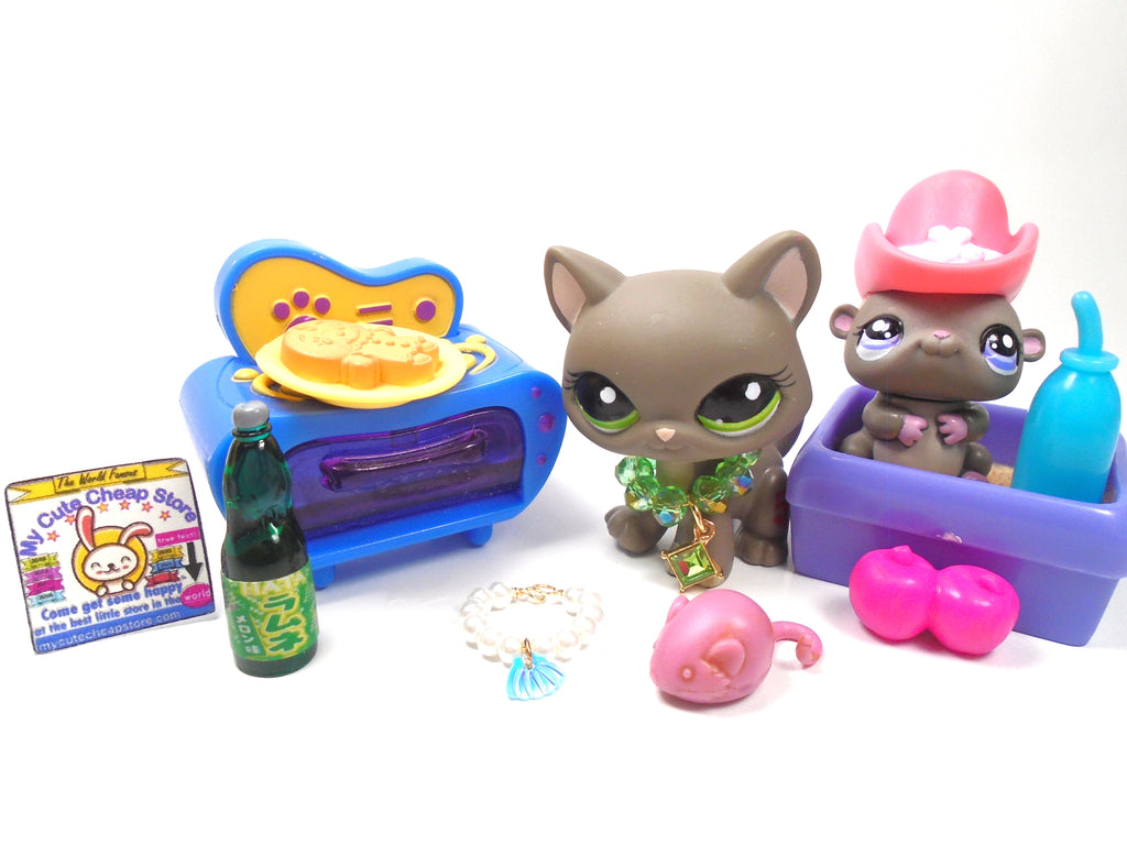 Littlest Pet Shop gray walking cat #1059 with a cute Gerbil and accessories - My Cute Cheap Store