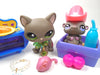 Littlest Pet Shop gray walking cat #1059 with a cute Gerbil and accessories