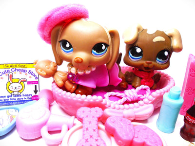 Littlest Pet Shop Dachshund #1211 and baby boxer #1032 with cute accessories My Cute Cheap Store