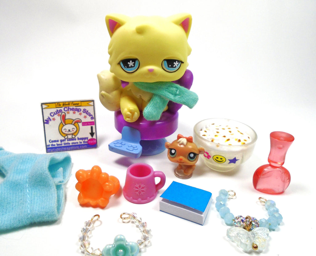 Littlest Pet Shop Rare Yellow Persian cat #527 with cute accessories My Cute Cheap Store
