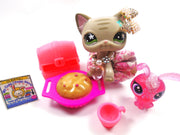 Littlest Pet Shop gray short hair cat #483 with cute accessories and a mini