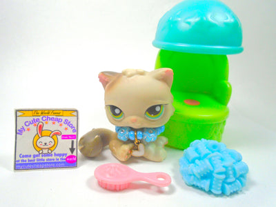 Littlest Pet Shop Grey White Persian Cat #328 with cute accessories authentic - My Cute Cheap Store