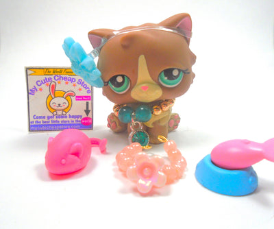 Littlest Pet Shop Rare Brown Persian Cat #371 with accessories authentic