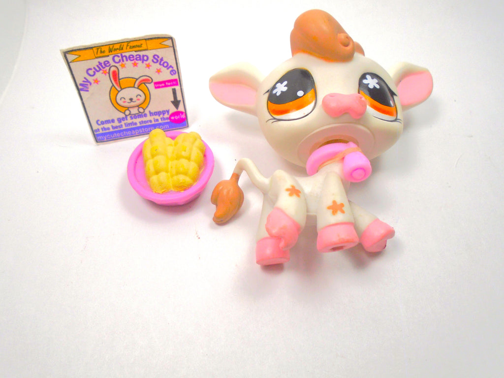 Littlest Pet Shop White Brown Cow #476 with accessories Authentic