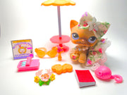 Littlest Pet Shop Brown Flock Short Hair Cat #318 & cute accessories Authentic