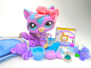 Littlest Pet Shop Rare Glitter Purple Blue Walking Cat #2386 & cute accessories